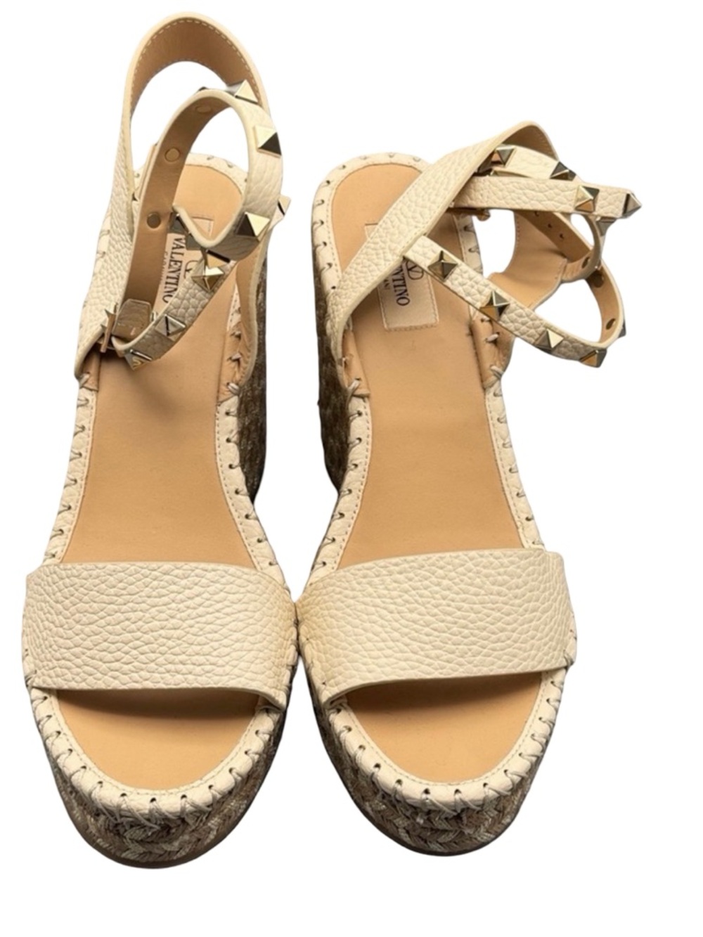 Valentino Garavani Ivory and Gold Studded Wedge Sandals - Picture 2 of 9